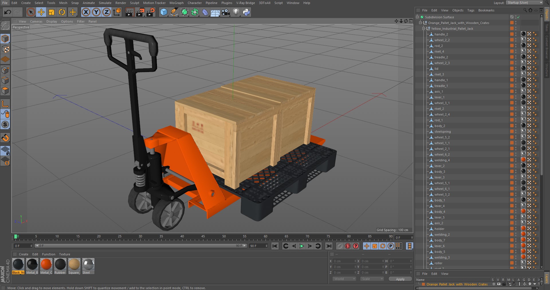 Orange Pallet Jack with Wooden Crates 3D