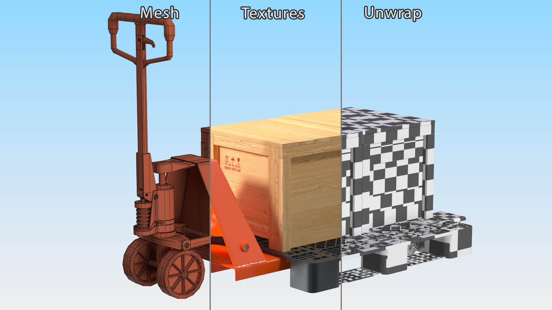 Orange Pallet Jack with Wooden Crates 3D