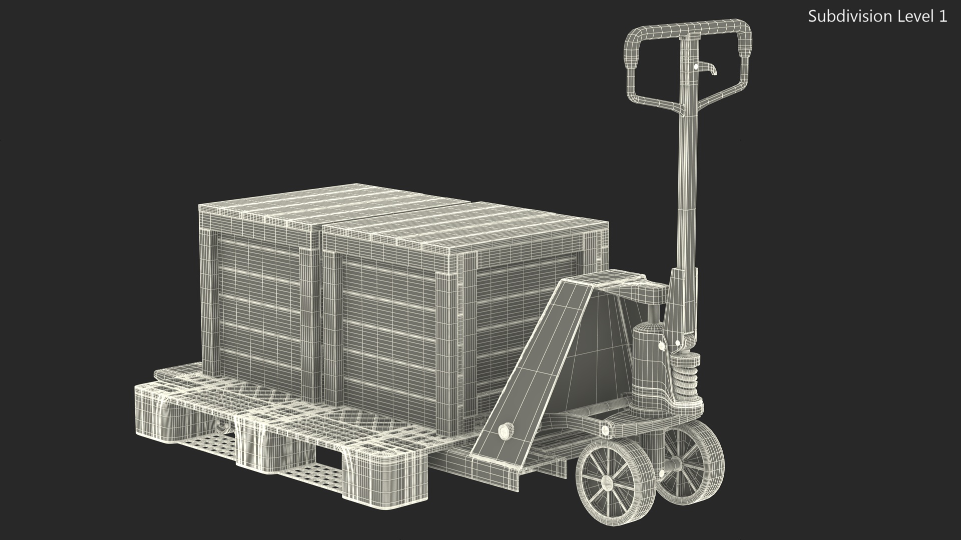 Orange Pallet Jack with Wooden Crates 3D