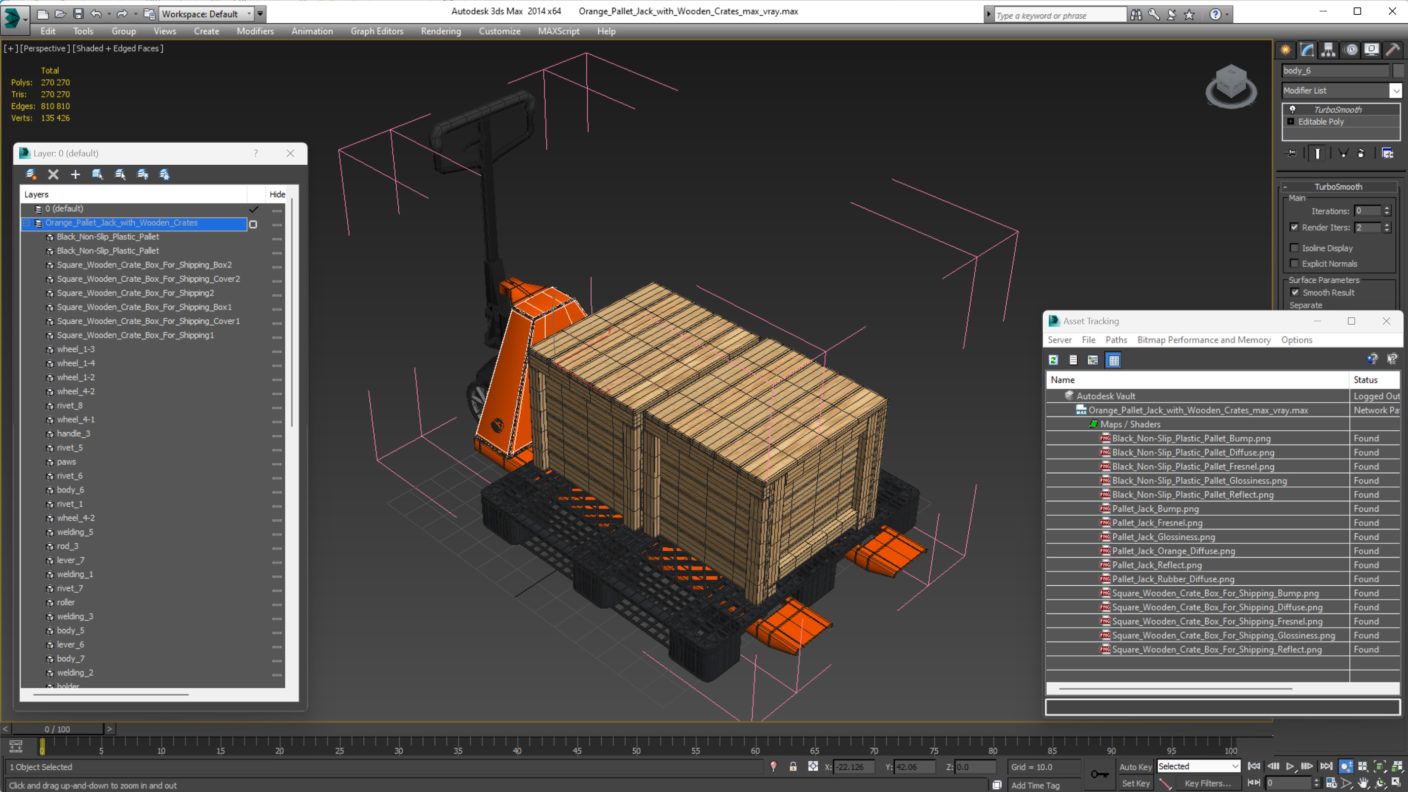 Orange Pallet Jack with Wooden Crates 3D