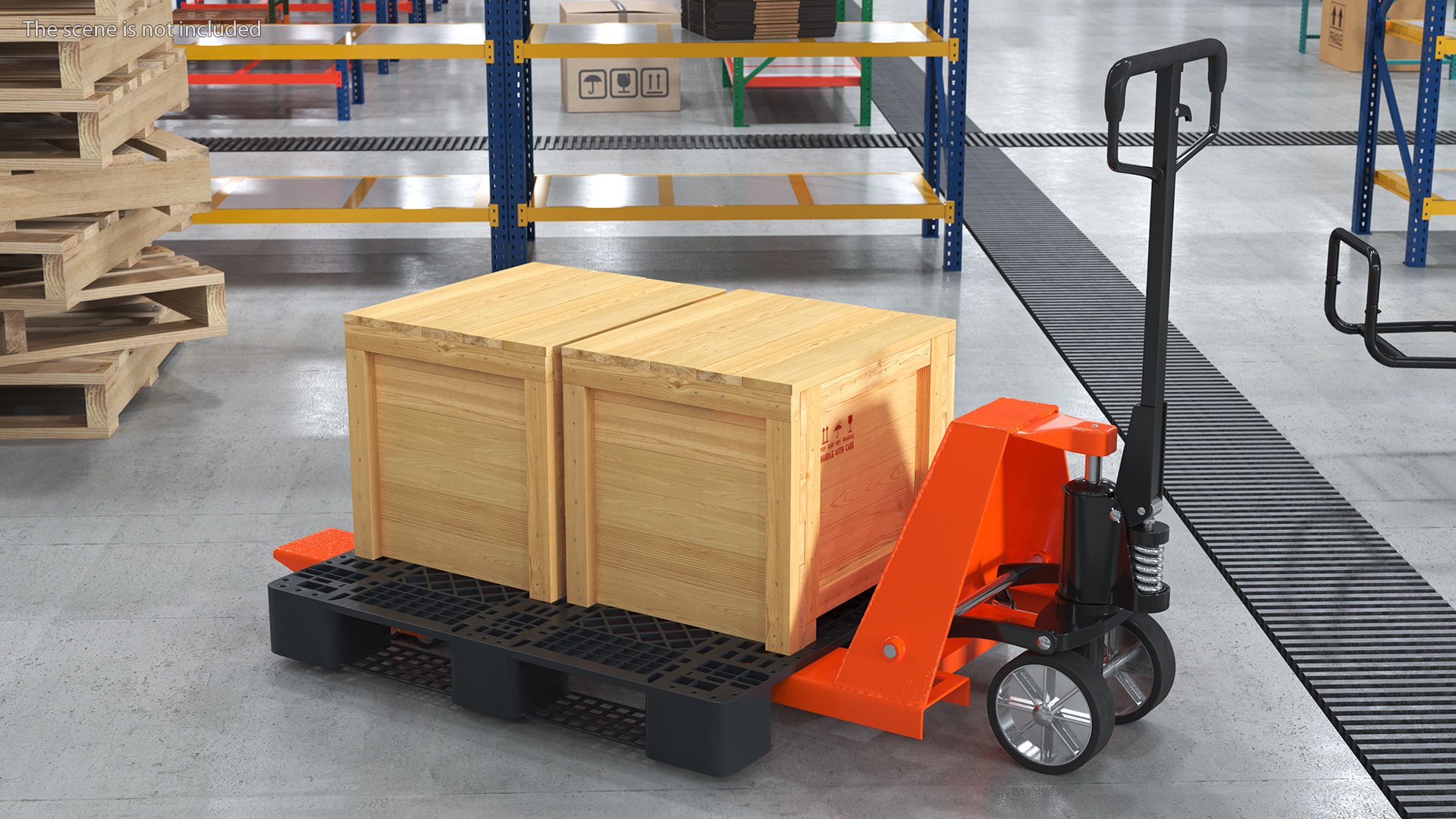 Orange Pallet Jack with Wooden Crates 3D