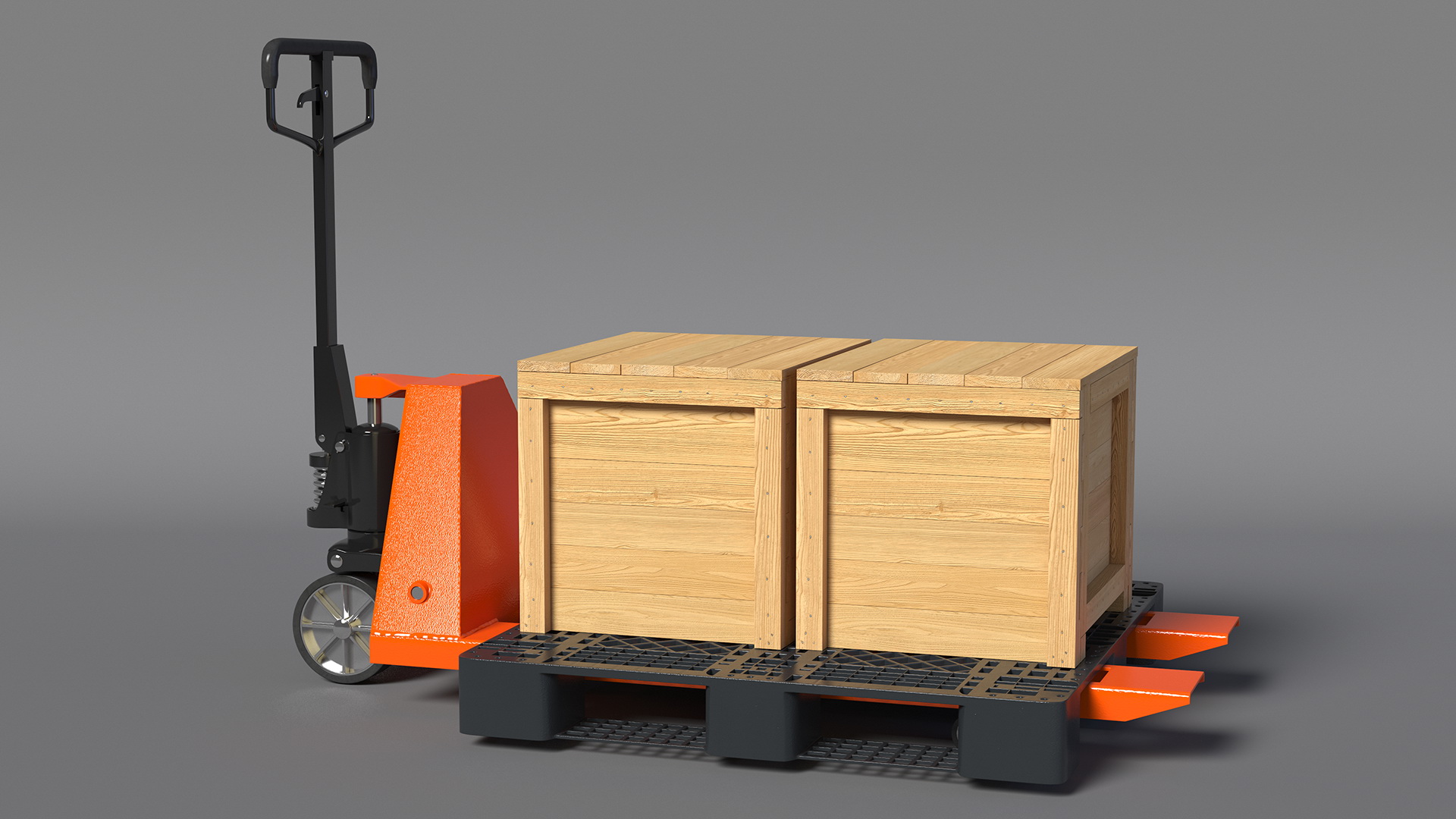 Orange Pallet Jack with Wooden Crates 3D