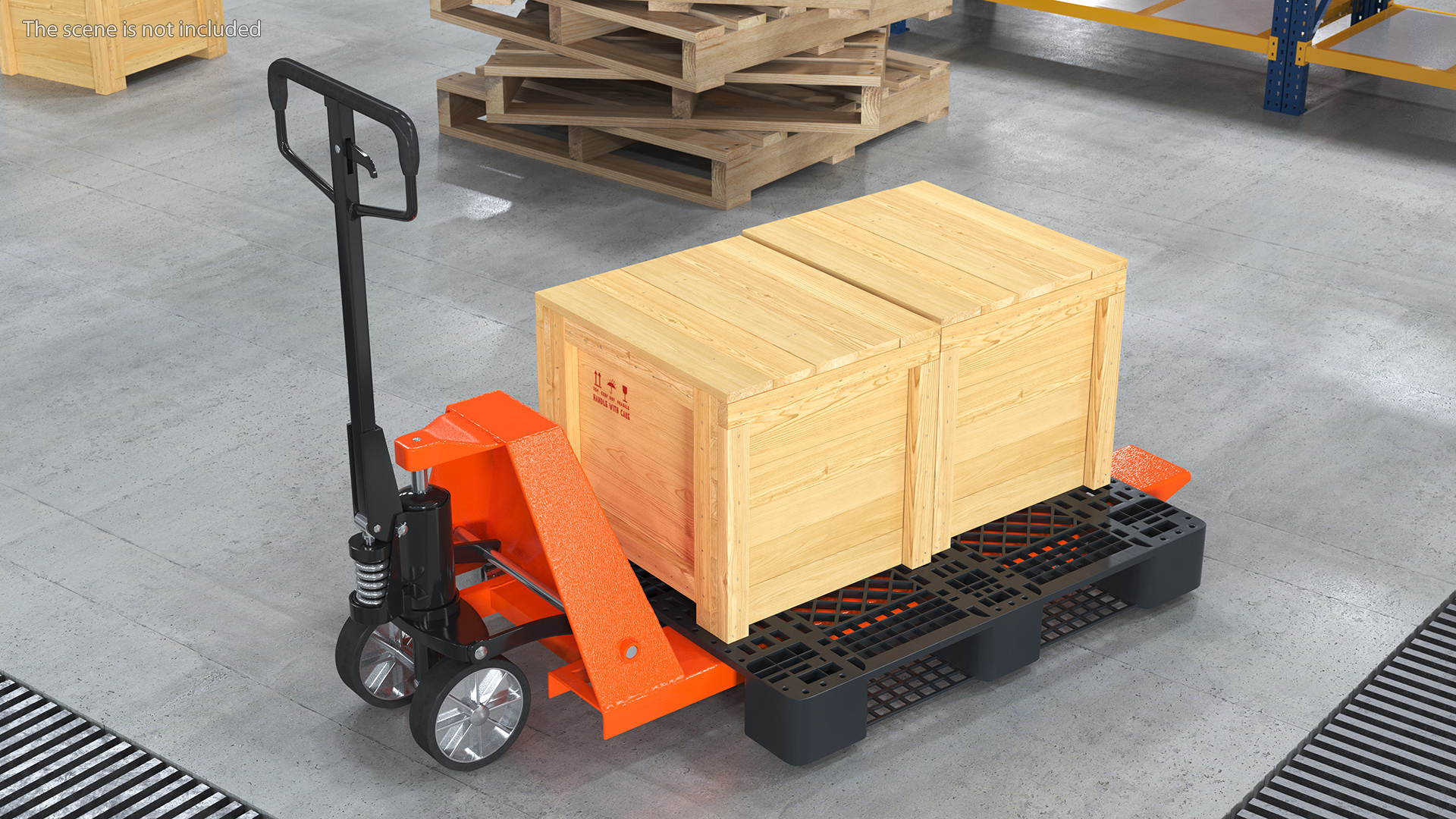 Orange Pallet Jack with Wooden Crates 3D