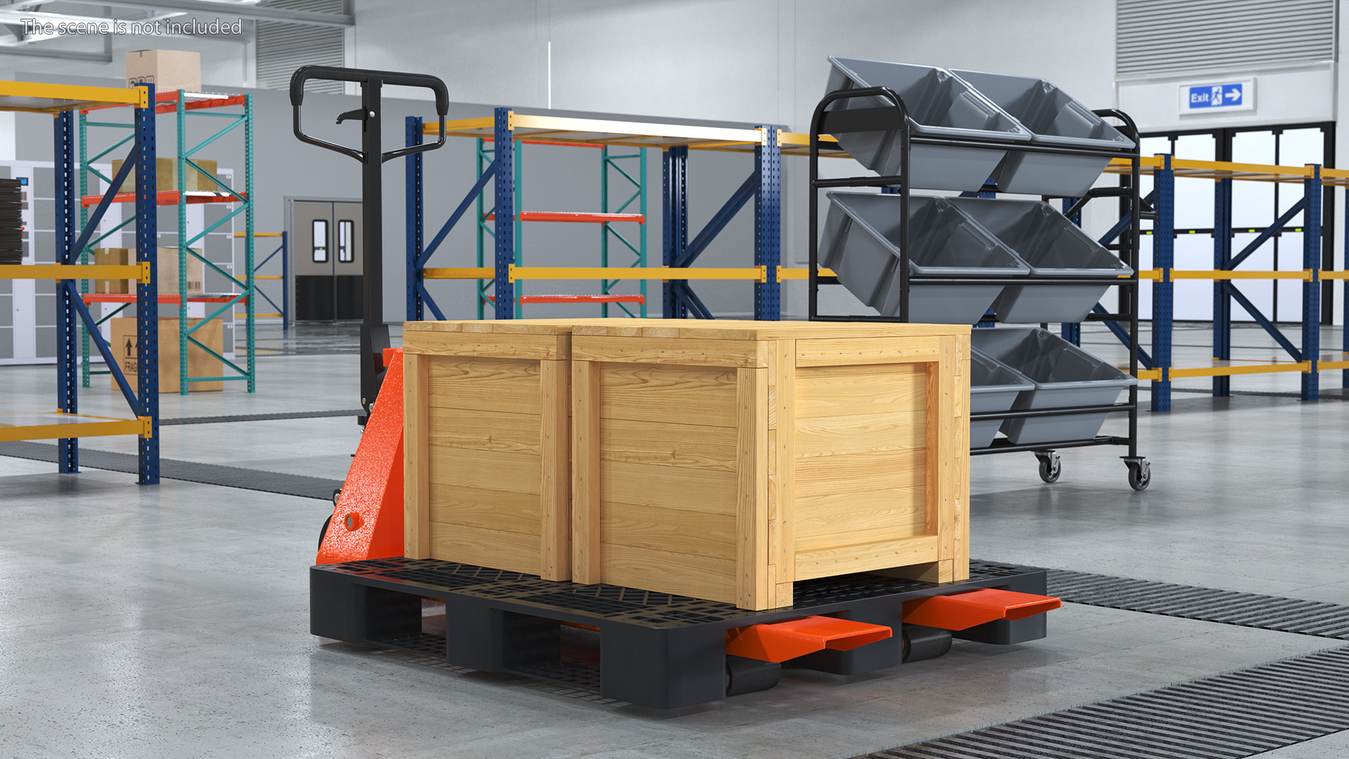 Orange Pallet Jack with Wooden Crates 3D