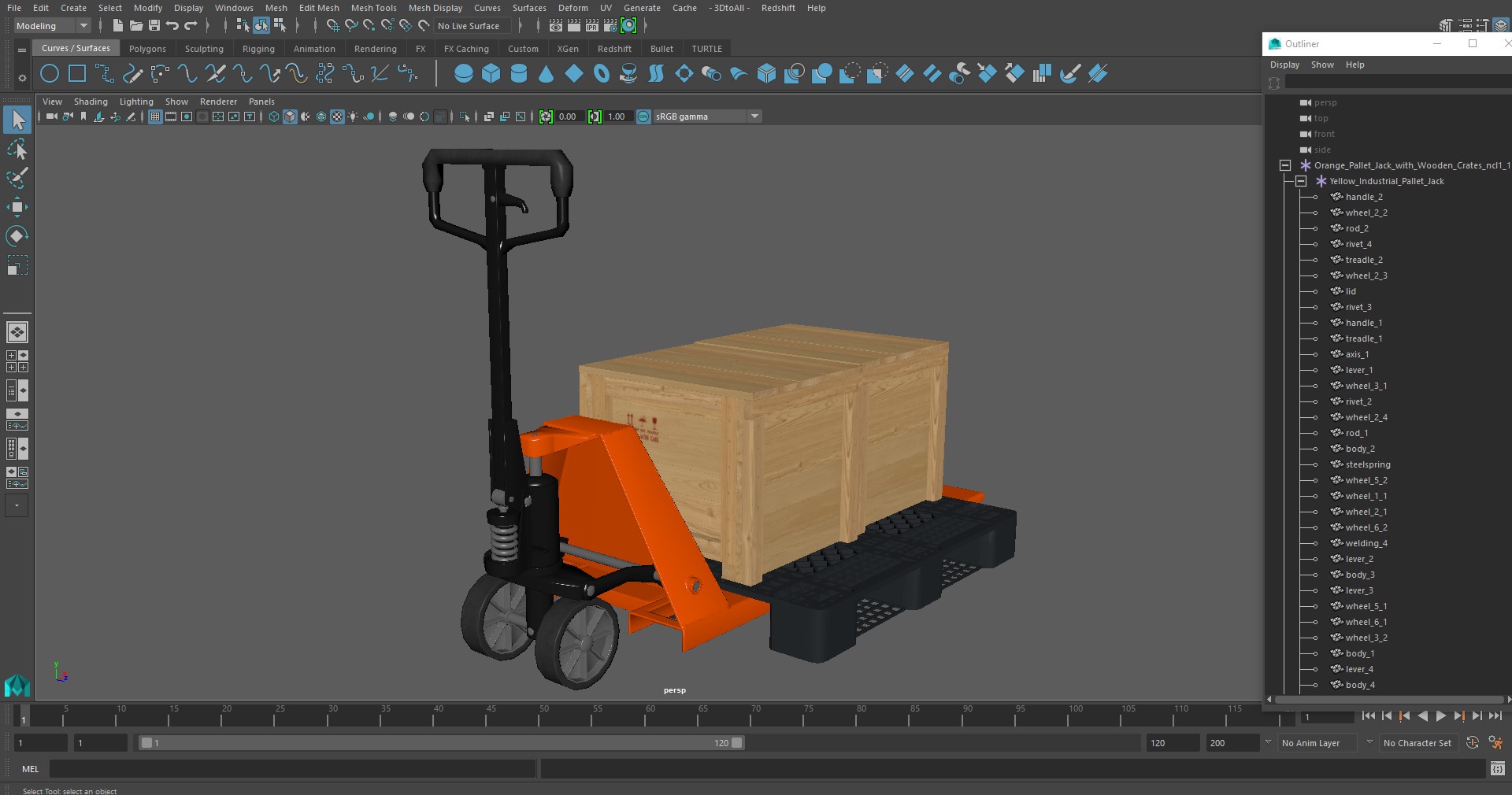 Orange Pallet Jack with Wooden Crates 3D