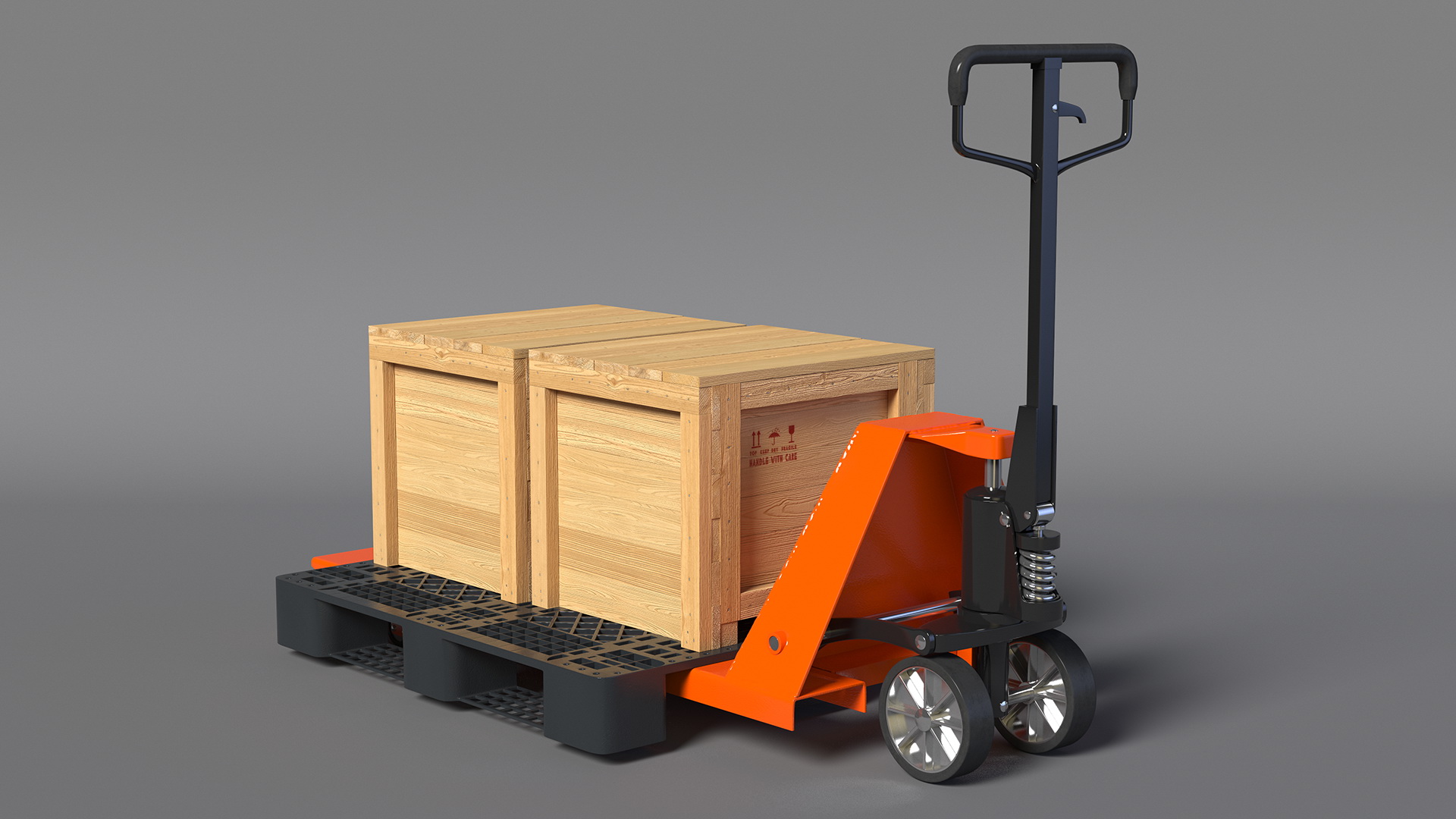 Orange Pallet Jack with Wooden Crates 3D