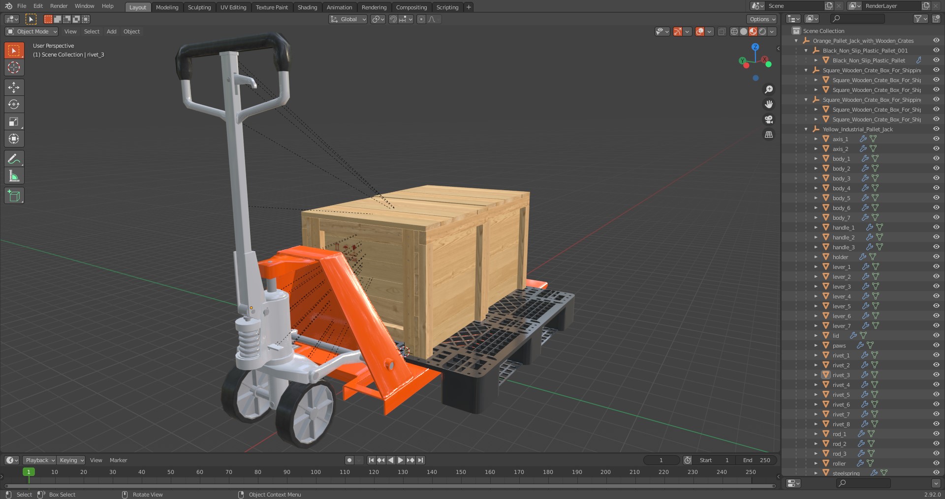 Orange Pallet Jack with Wooden Crates 3D