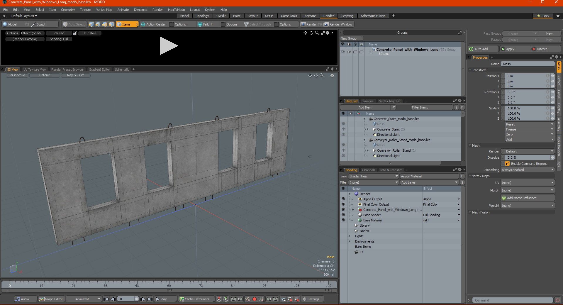 Concrete Panel with Windows Long 3D