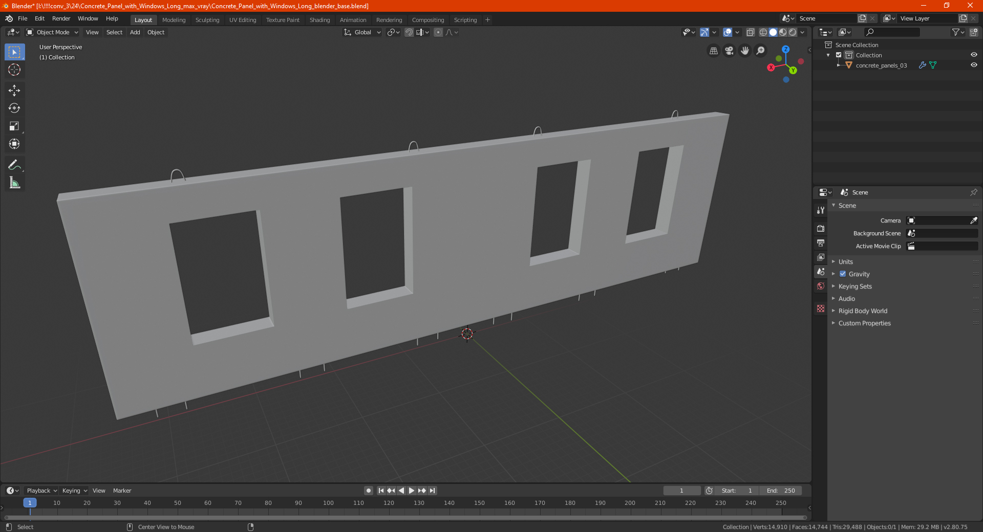 Concrete Panel with Windows Long 3D