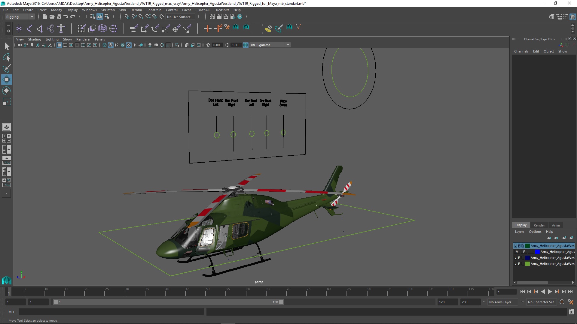 Army Helicopter AgustaWestland AW119 Rigged for Maya 3D