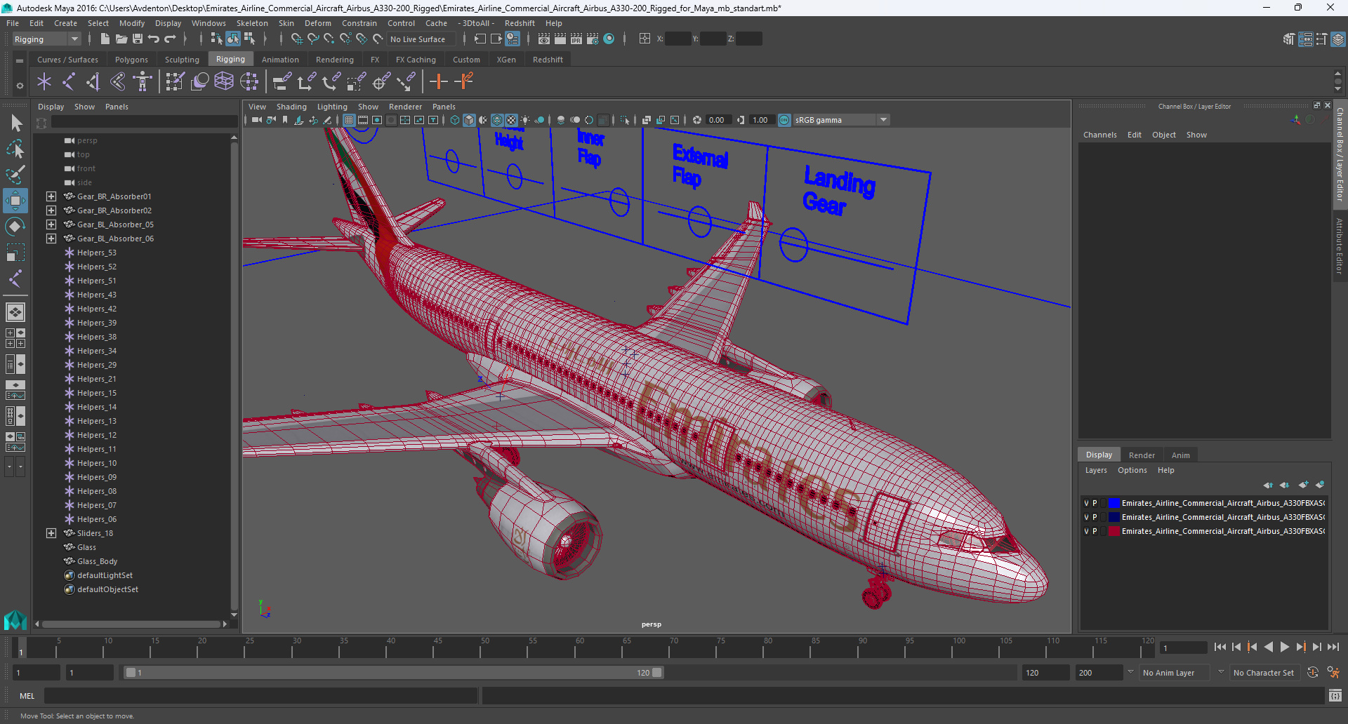 3D Emirates Airline Commercial Aircraft Airbus A330-200 Rigged for Maya model