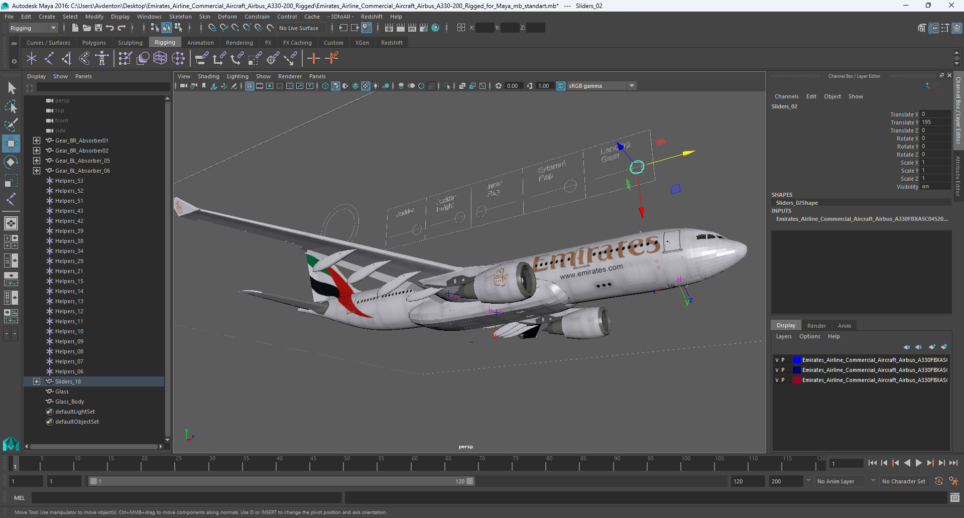 3D Emirates Airline Commercial Aircraft Airbus A330-200 Rigged for Maya model