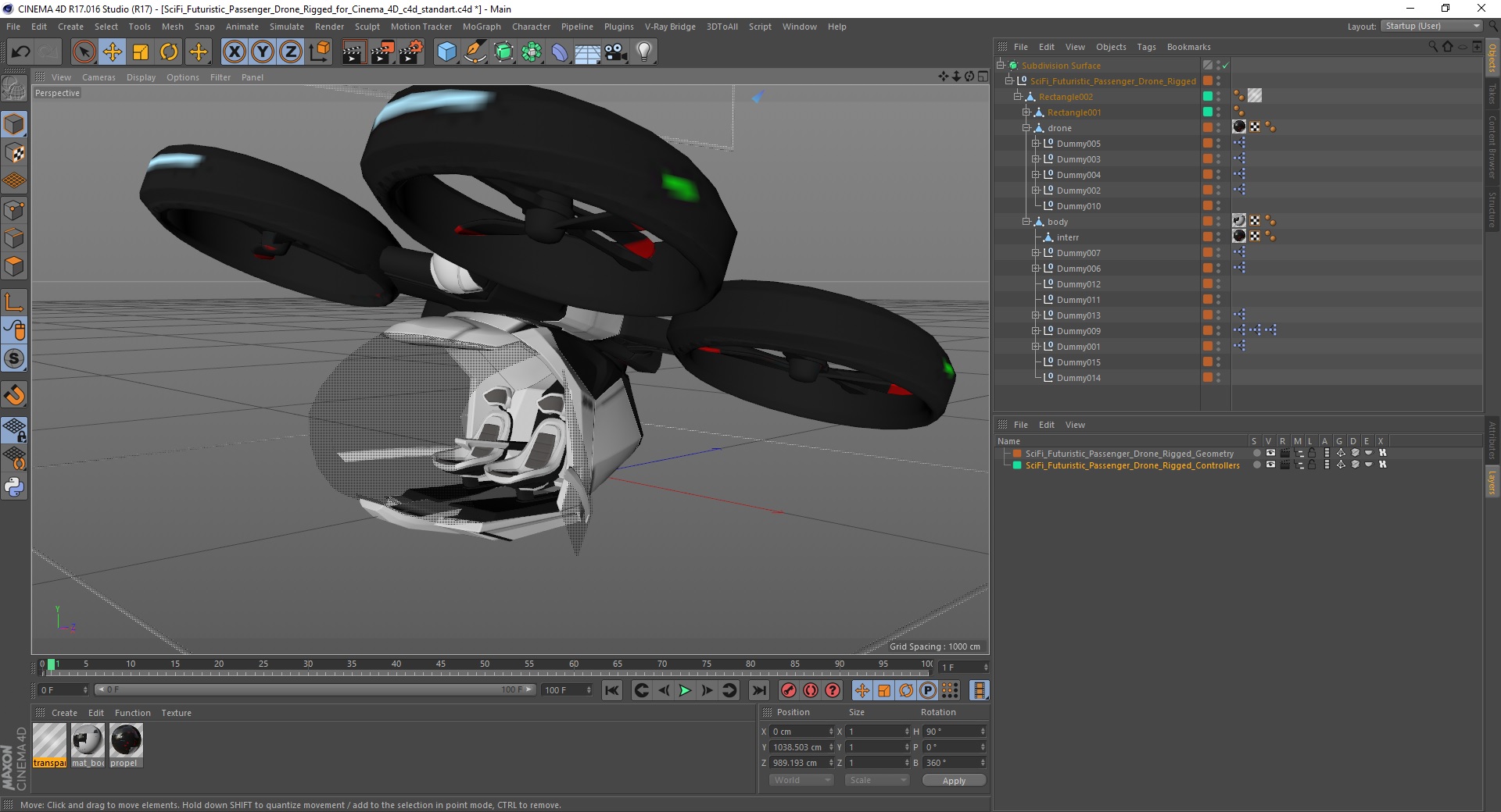 3D SciFi Futuristic Passenger Drone Rigged for Cinema 4D model