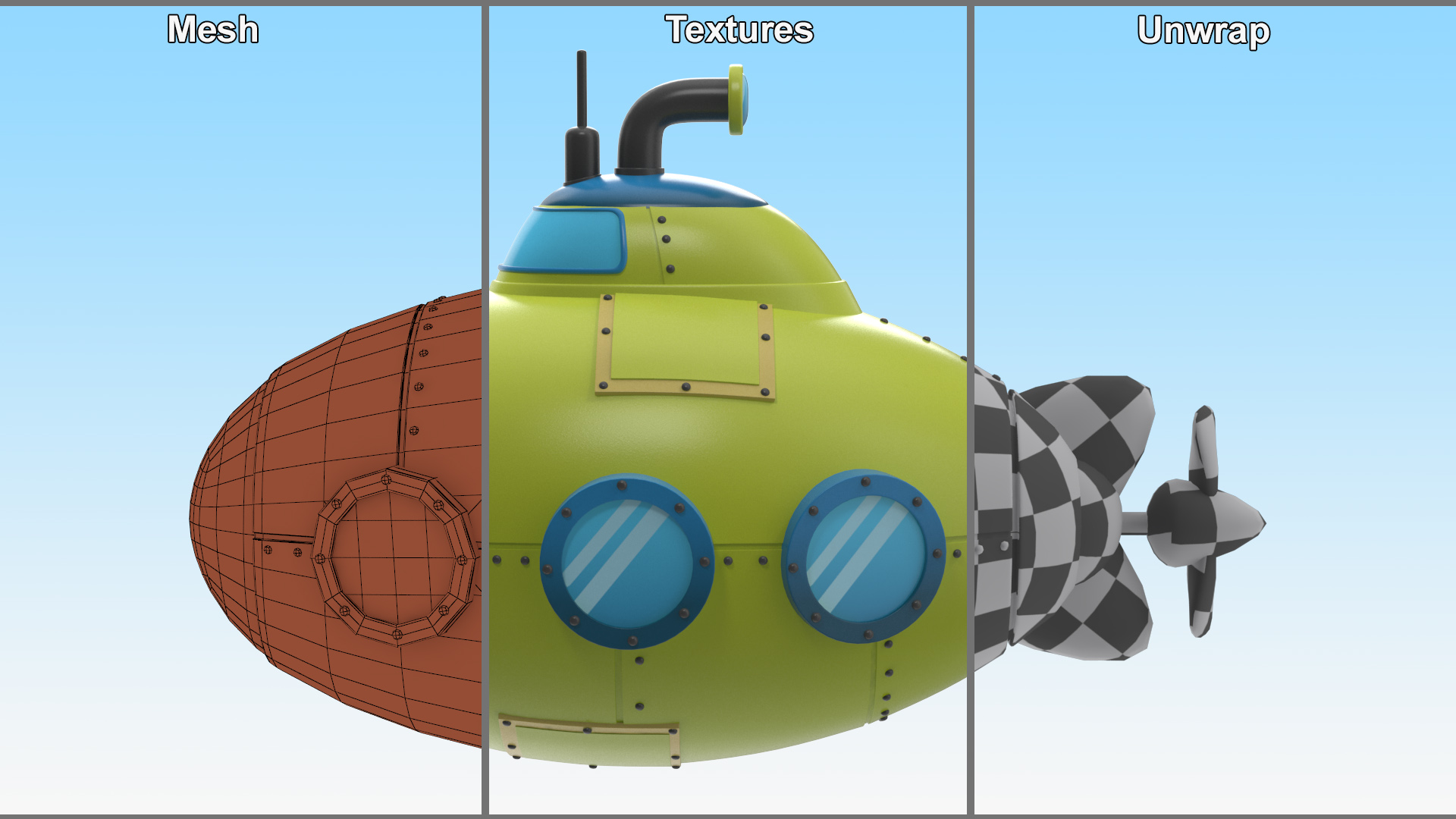 3D Cartoon Green Submarine model