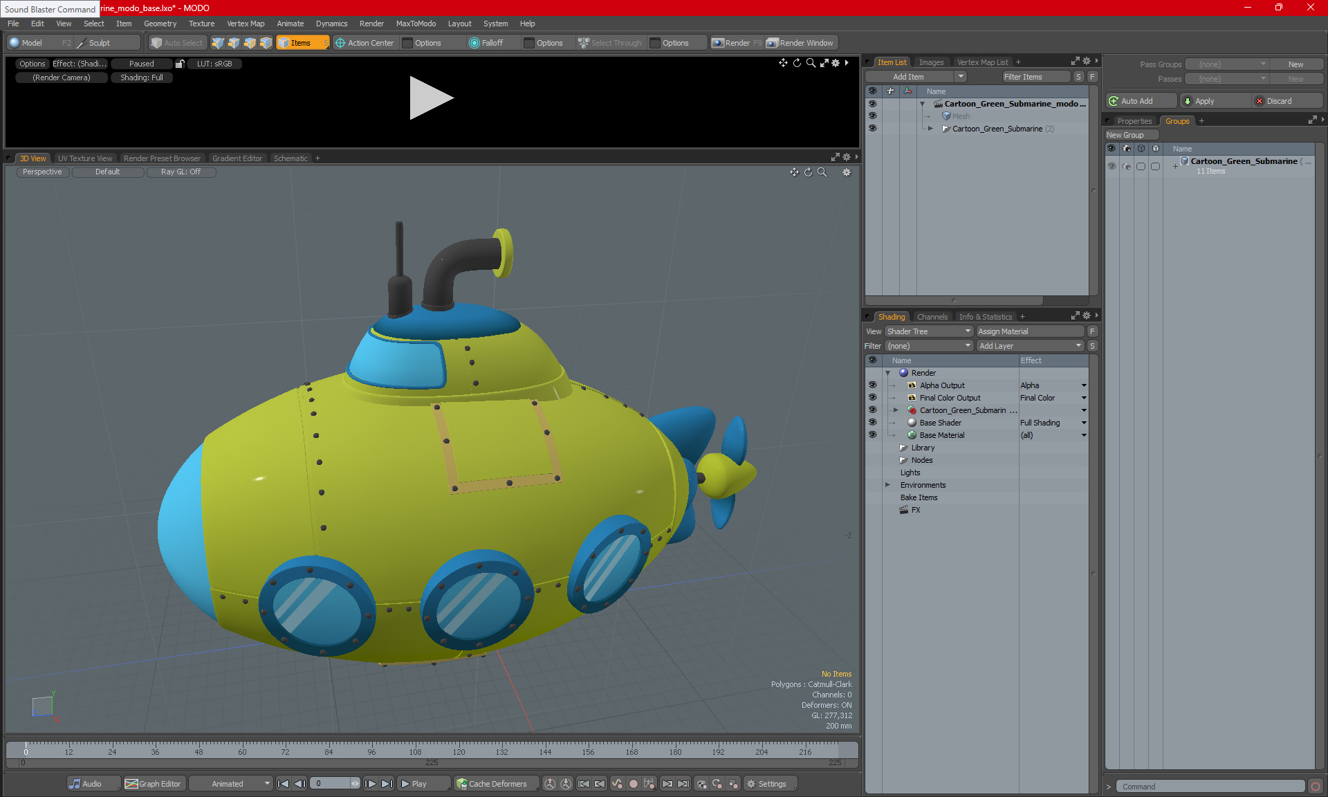 3D Cartoon Green Submarine model