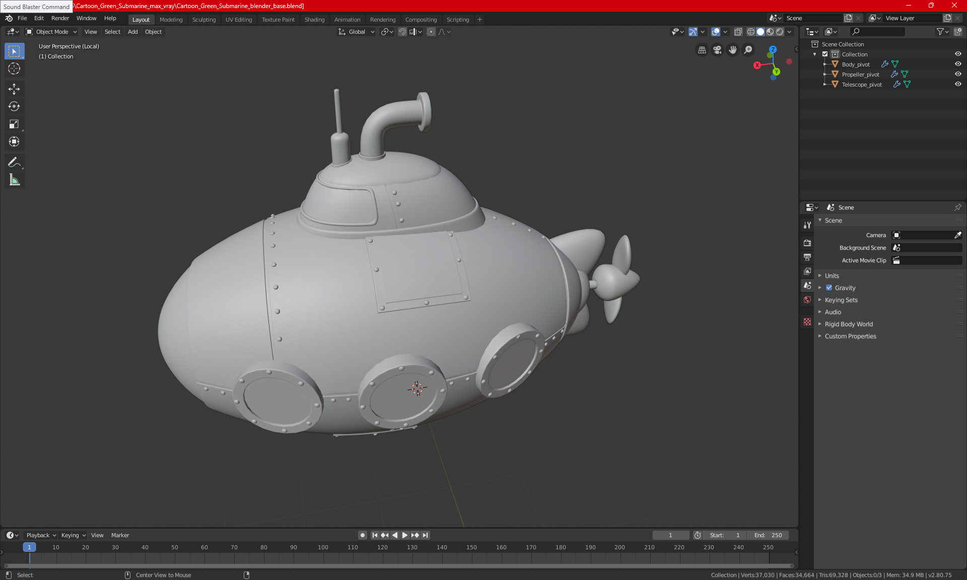 3D Cartoon Green Submarine model