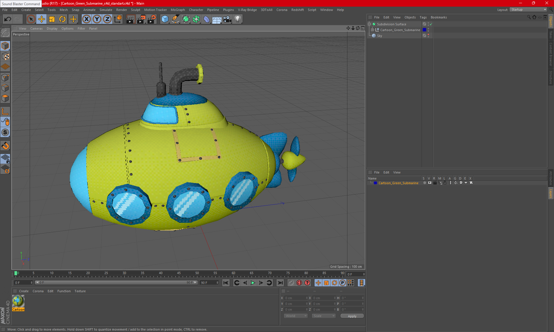 3D Cartoon Green Submarine model