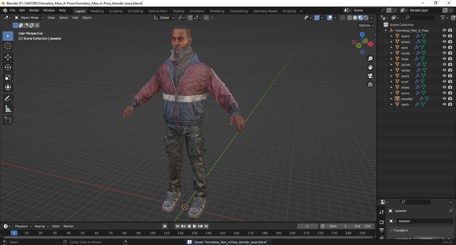 Homeless Man A-Pose 3D model