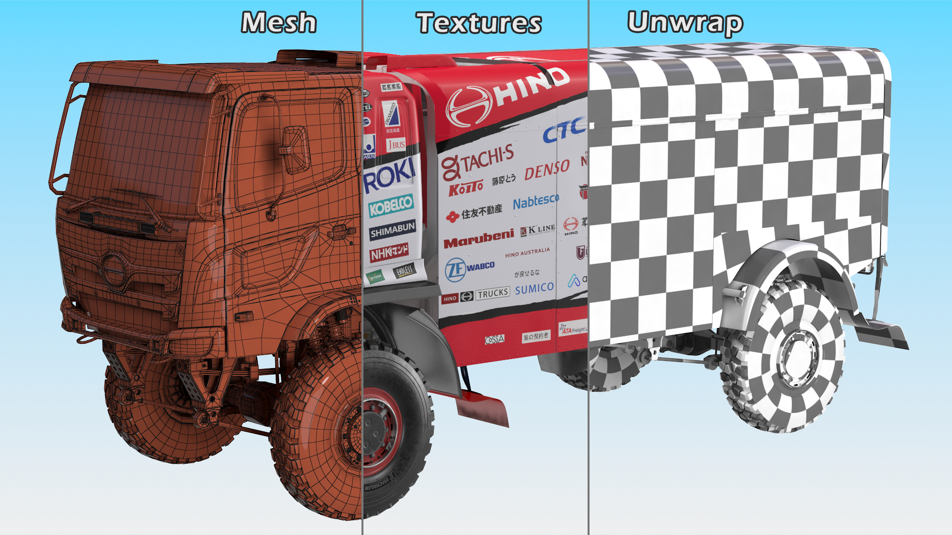 Dakar Truck Hino Lights On Rigged for Maya 3D