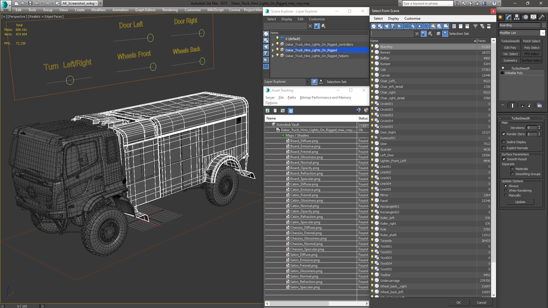 Dakar Truck Hino Lights On Rigged for Maya 3D