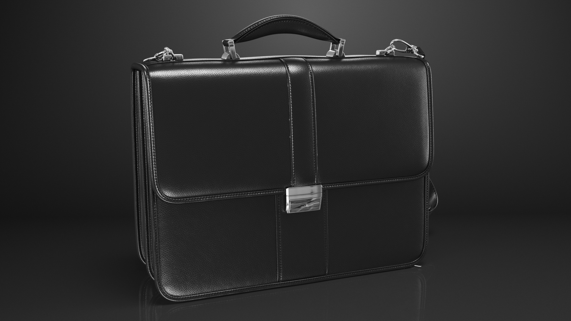 Leather Flapover Briefcase Black 3D