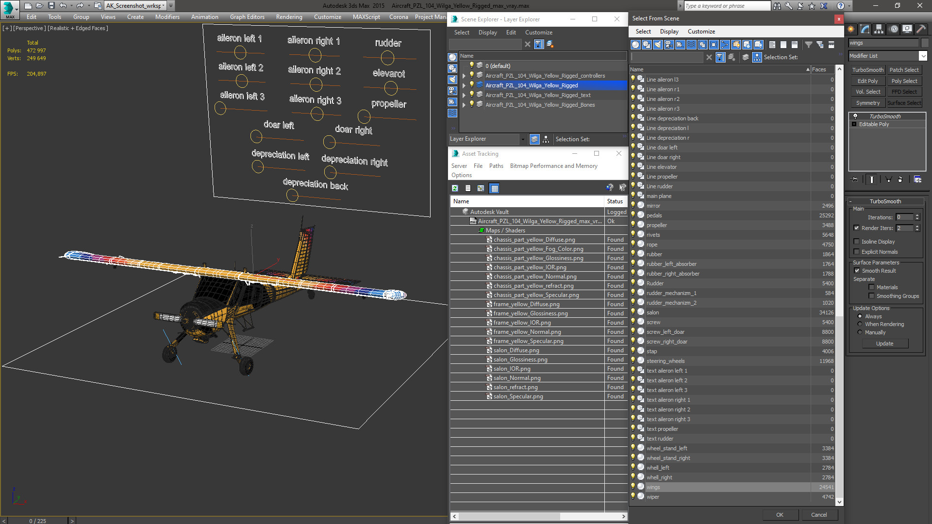 3D model Aircraft PZL 104 Wilga Yellow Rigged for Cinema 4D