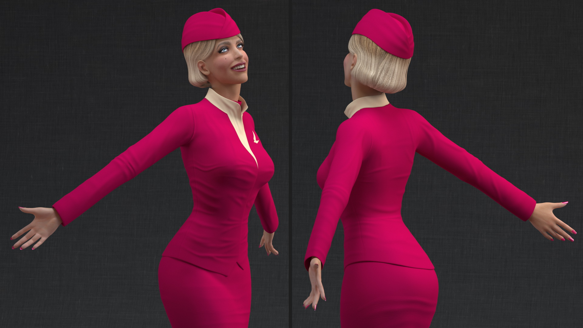 Flight Attendant in Maroon Dress 3D