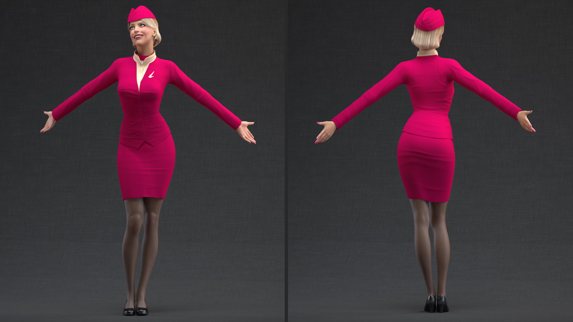 Flight Attendant in Maroon Dress 3D