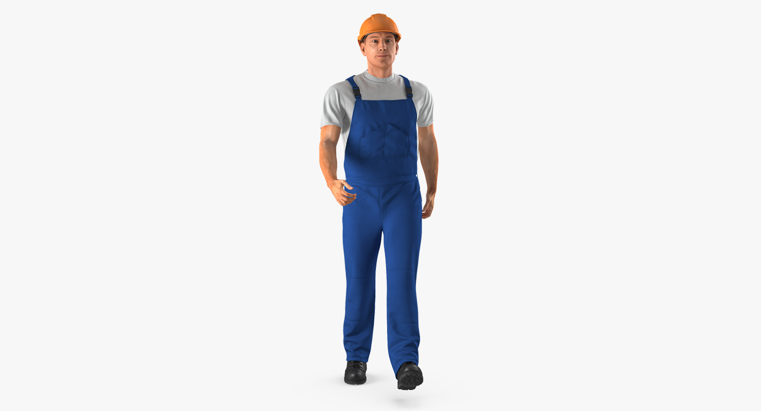 3D Construction Worker Blue Uniform with Hardhat Walking Pose model