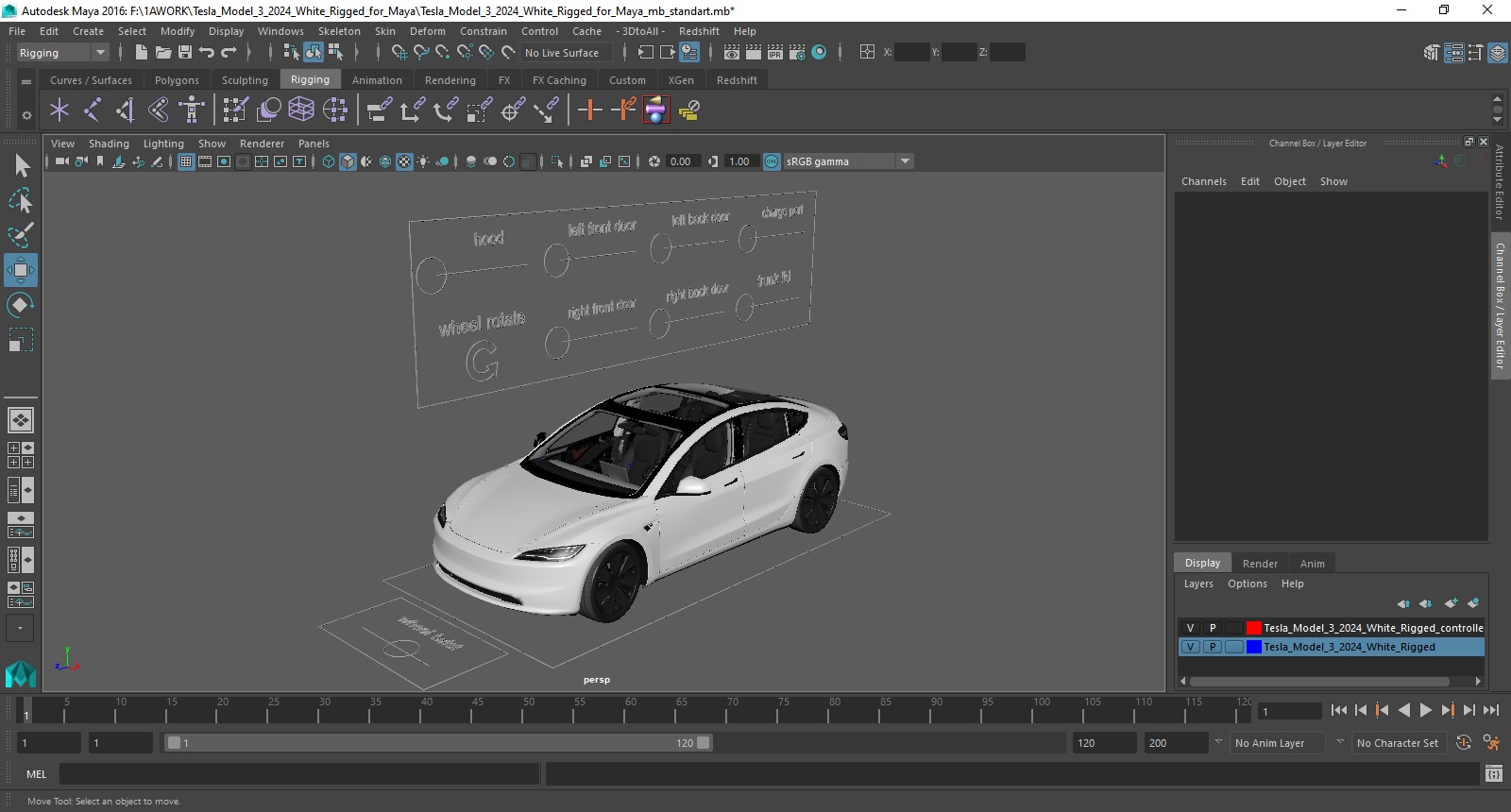 3D model Tesla Model 3 2024 White Rigged for Maya