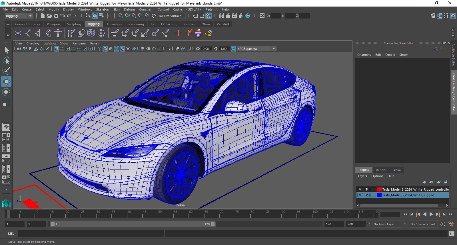 3D model Tesla Model 3 2024 White Rigged for Maya