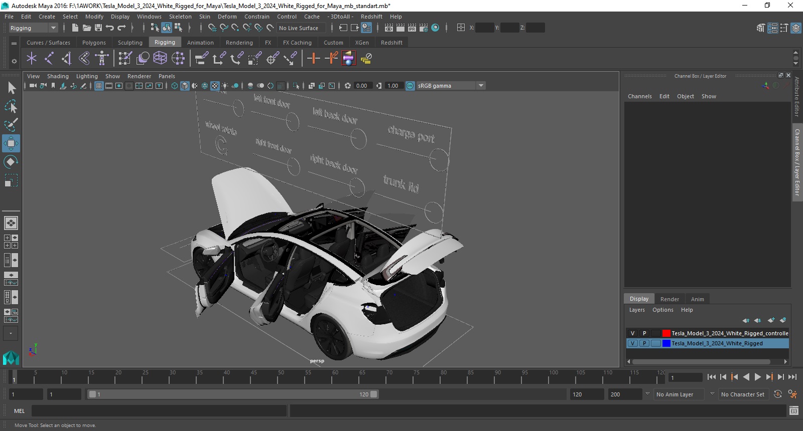 3D model Tesla Model 3 2024 White Rigged for Maya