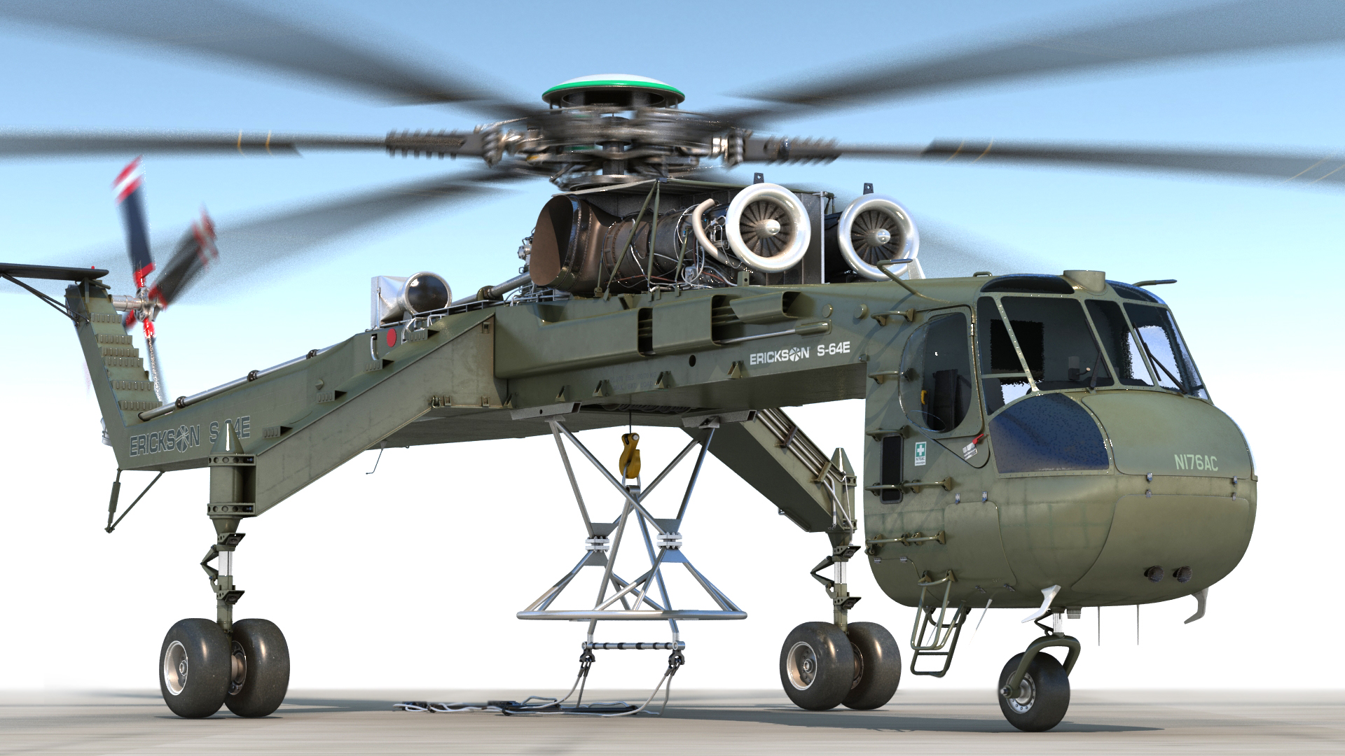 Cargo Helicopter Sikorsky S-64 Skycrane Green Rigged 3D