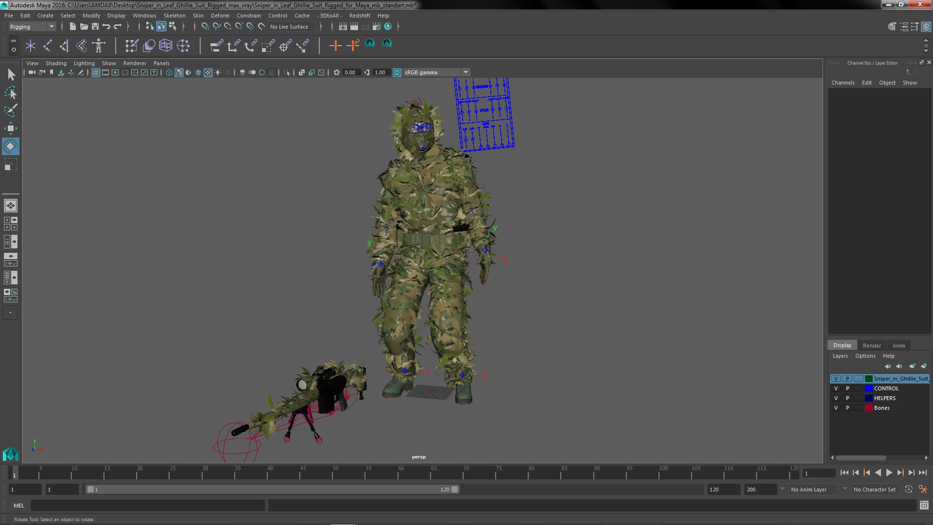 3D Sniper in Leaf Ghillie Suit Rigged for Maya model