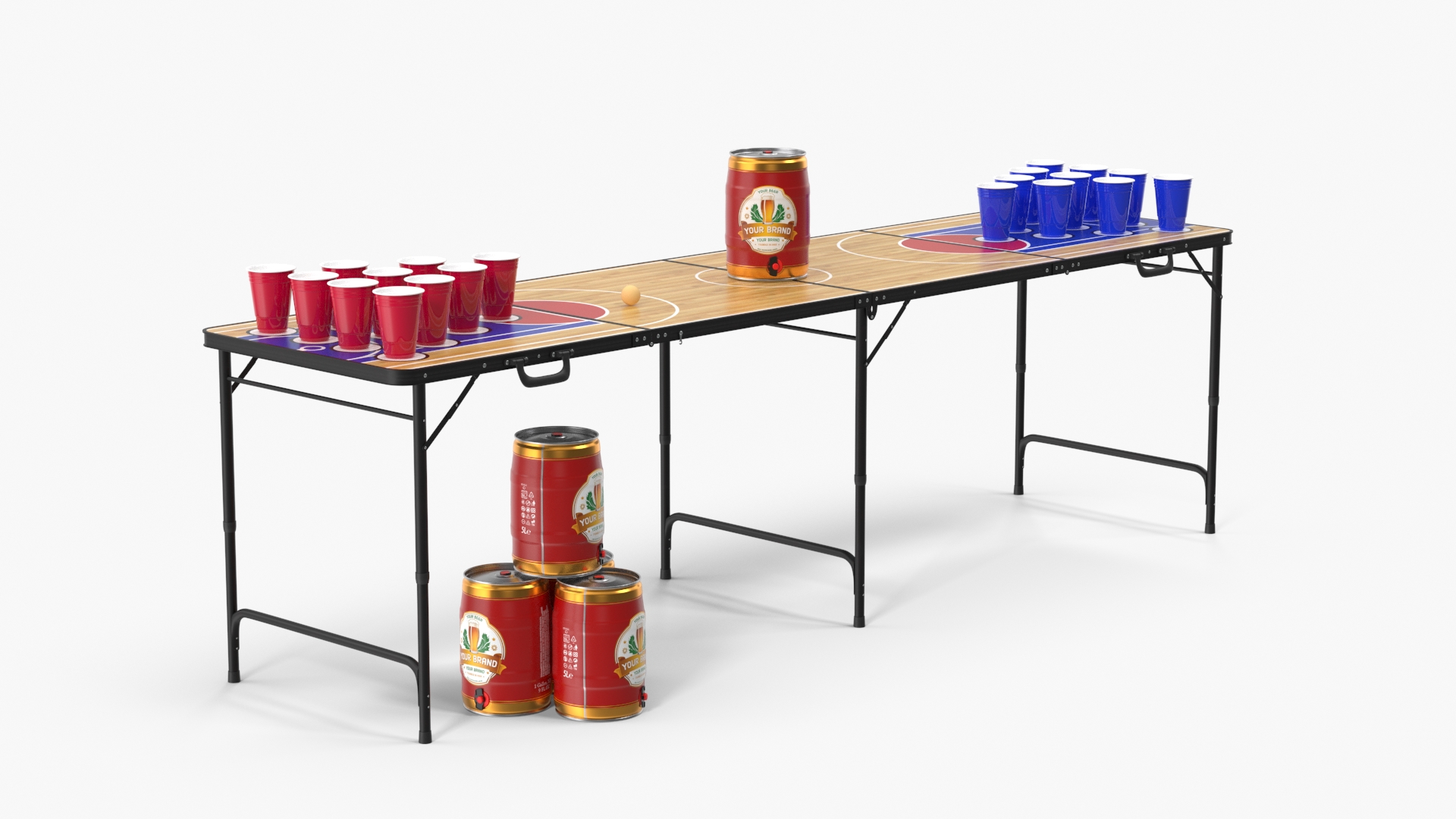 3D Beer Pong Table Set with Cups Kegs Mockup