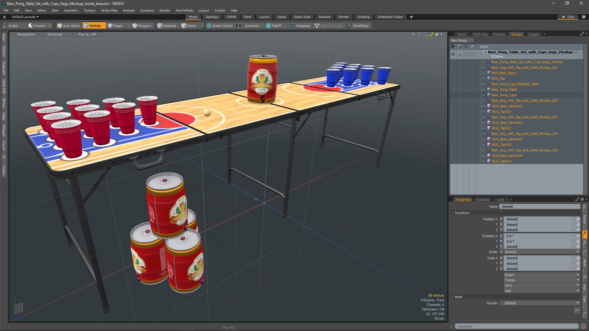 3D Beer Pong Table Set with Cups Kegs Mockup