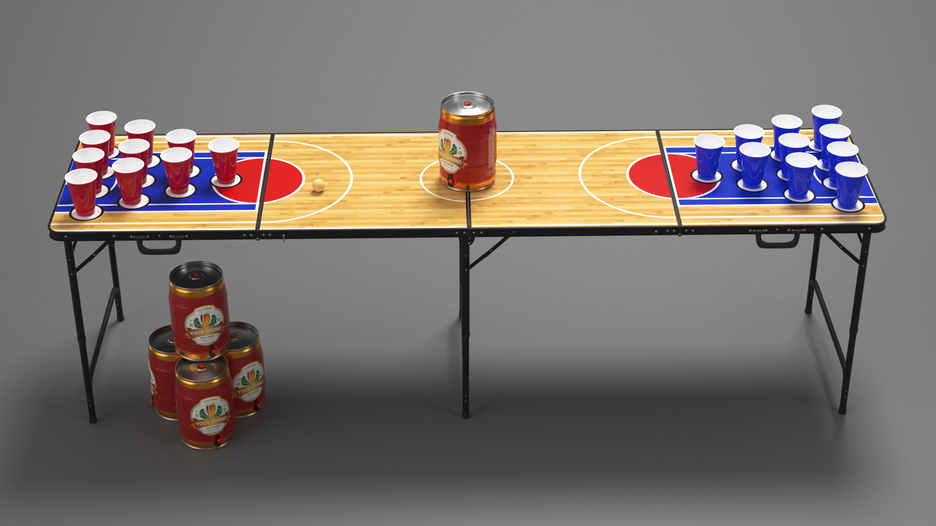 3D Beer Pong Table Set with Cups Kegs Mockup