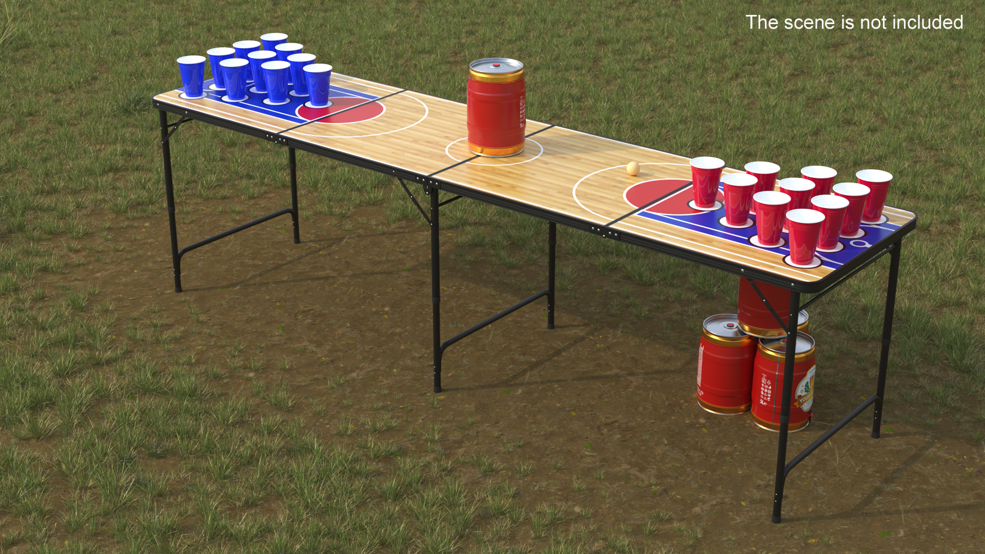 3D Beer Pong Table Set with Cups Kegs Mockup