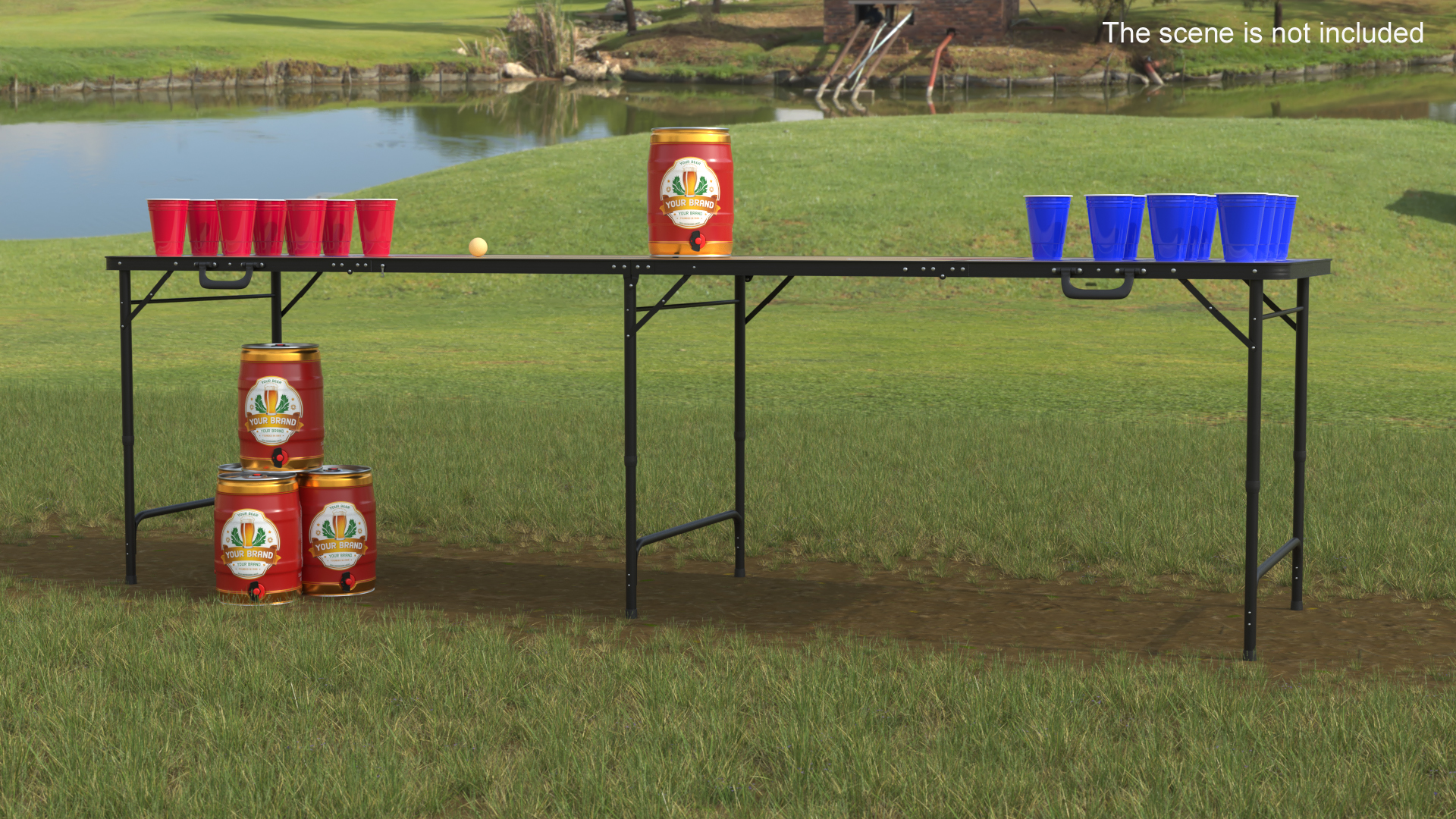 3D Beer Pong Table Set with Cups Kegs Mockup