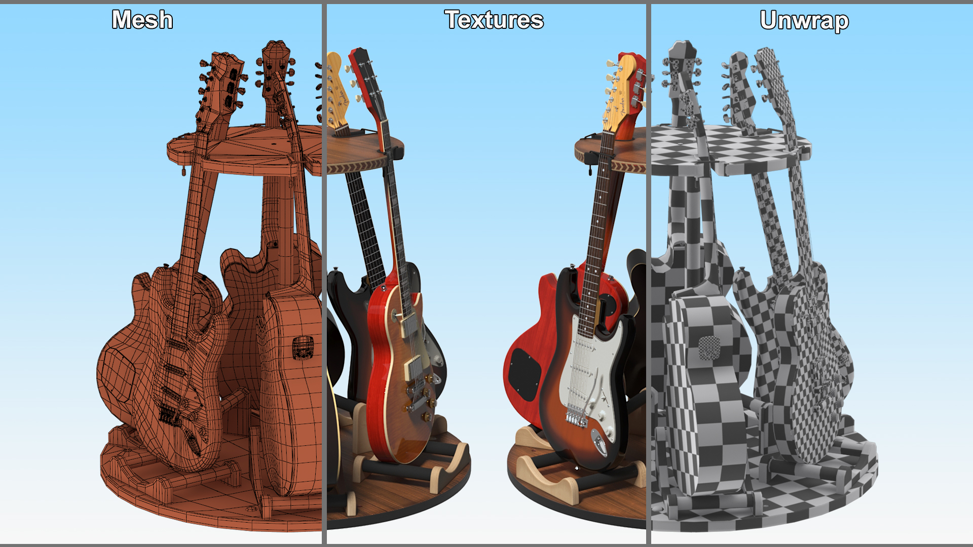 3D Round Guitar Stand Rack with Guitars