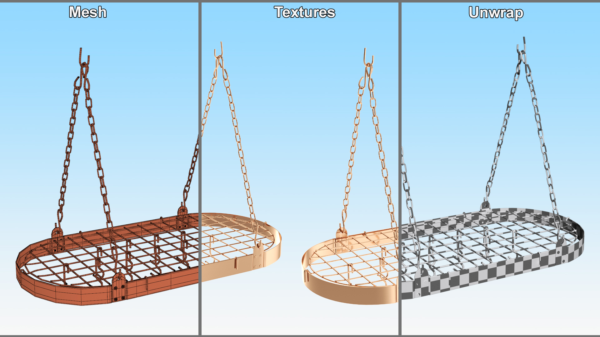 Chain Suspended Hanging Pot Rack Copper 3D model