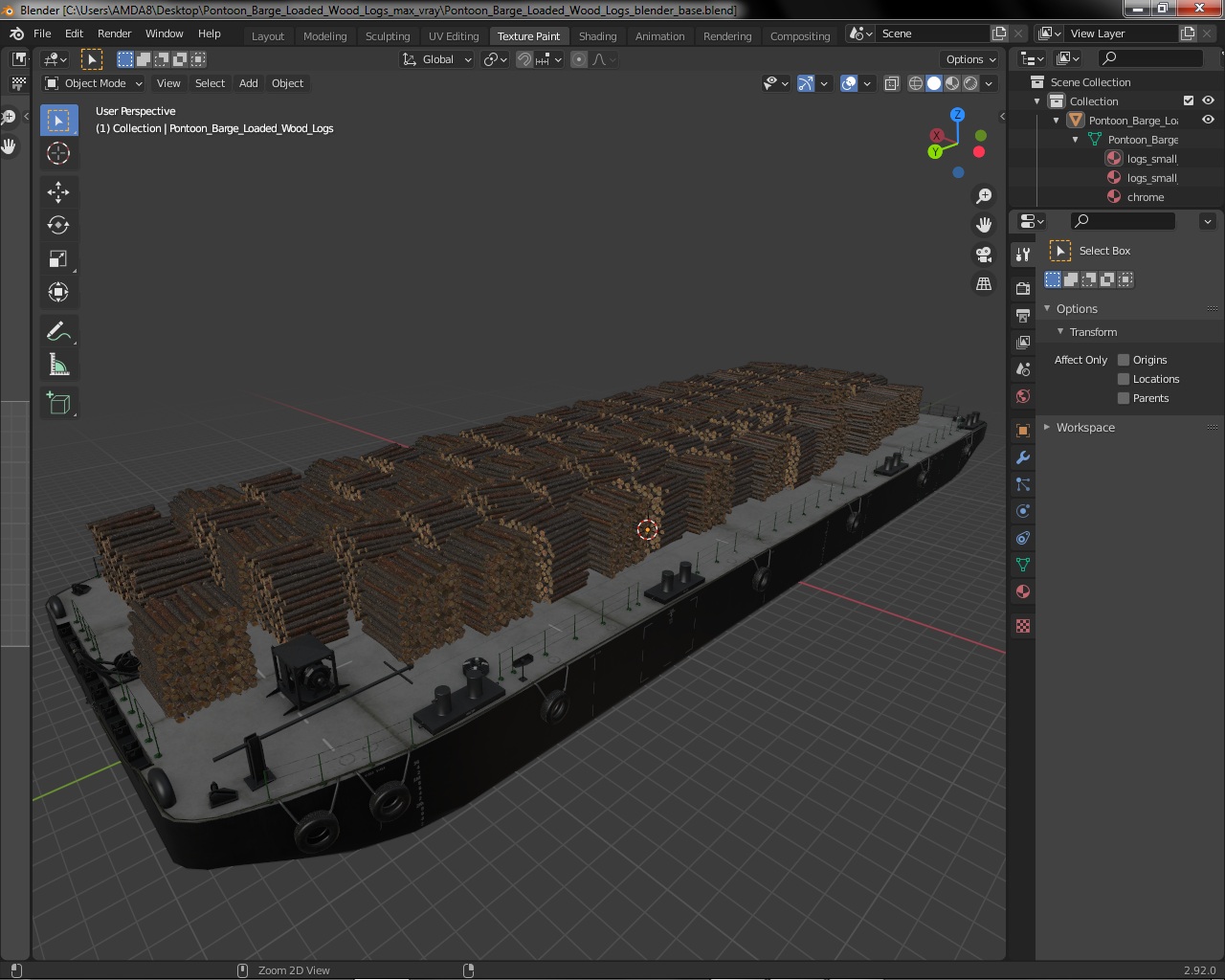 3D model Pontoon Barge Loaded Wood Logs