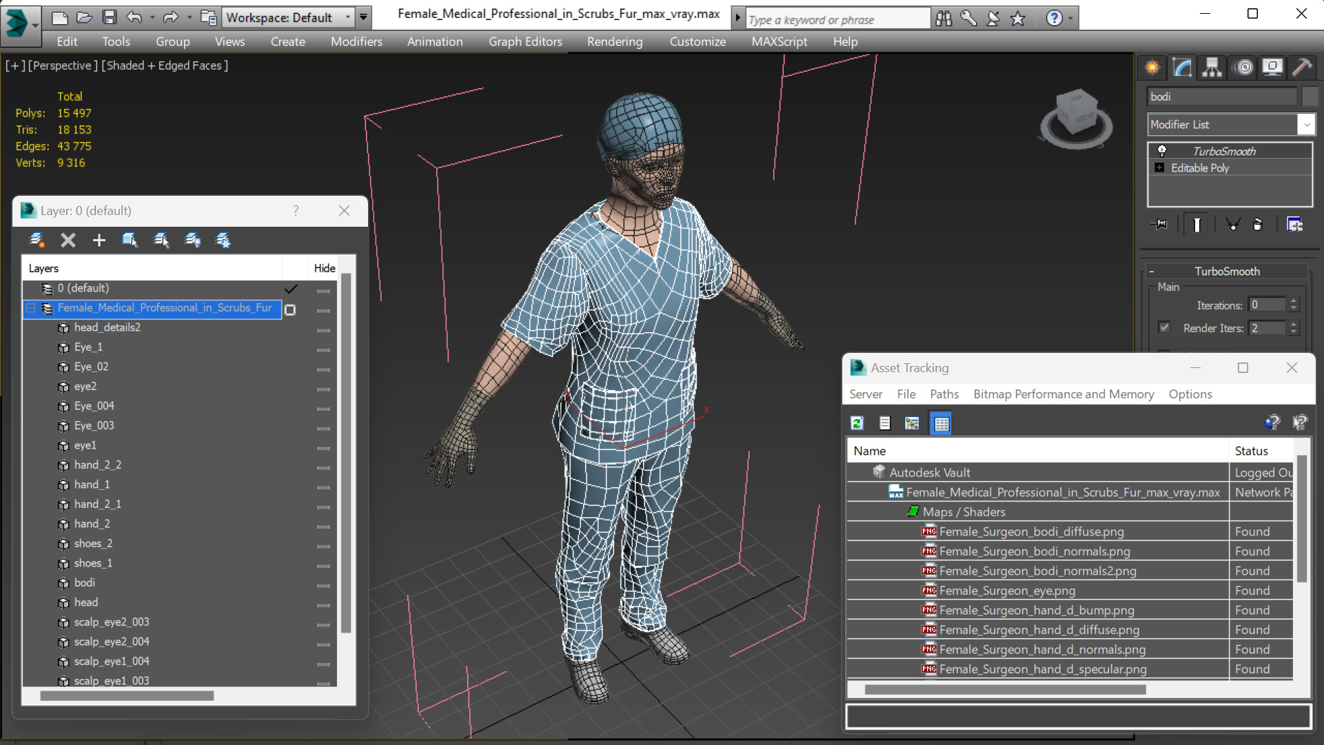 3D Female Medical Professional in Scrubs Fur