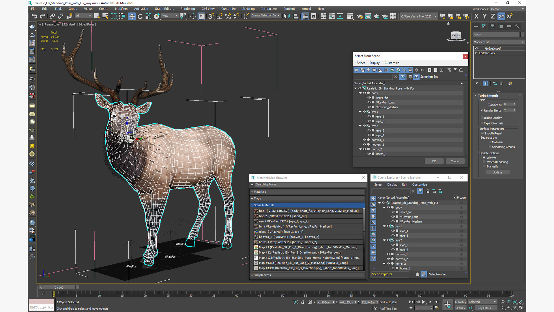 3D Realistic Elk Standing Pose with Fur