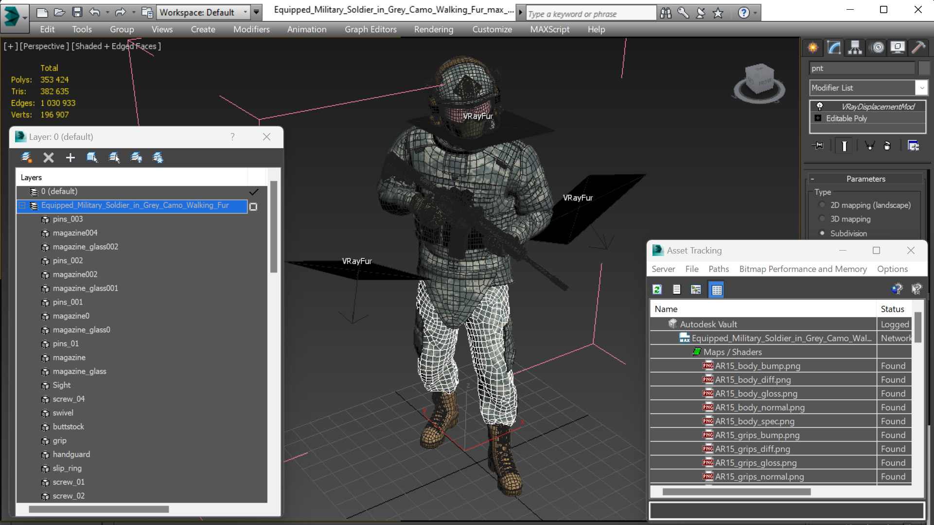 3D model Equipped Military Soldier in Grey Camo Walking Fur