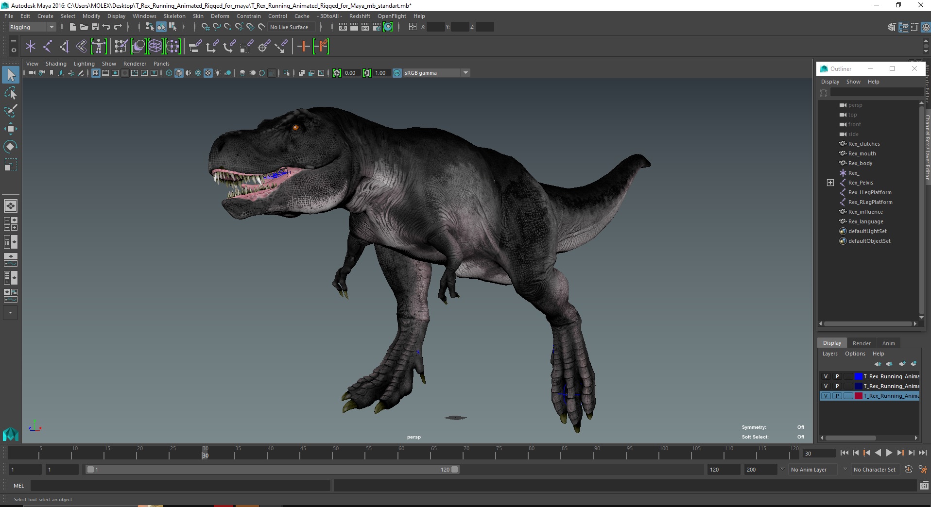 3D T Rex Running Animated Rigged for Maya model