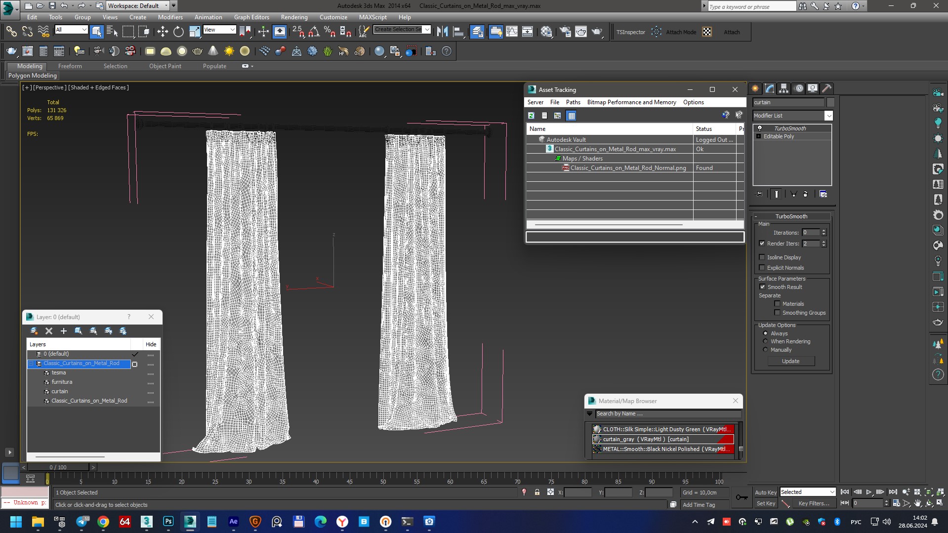 Classic Curtains on Metal Rod 3D model