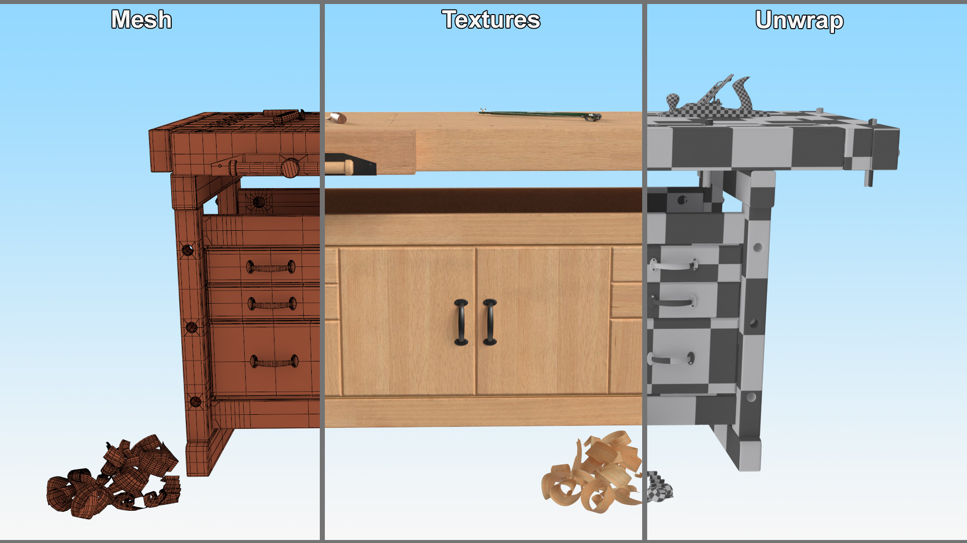 3D Aspen Workbench with Tools and Sawdust model