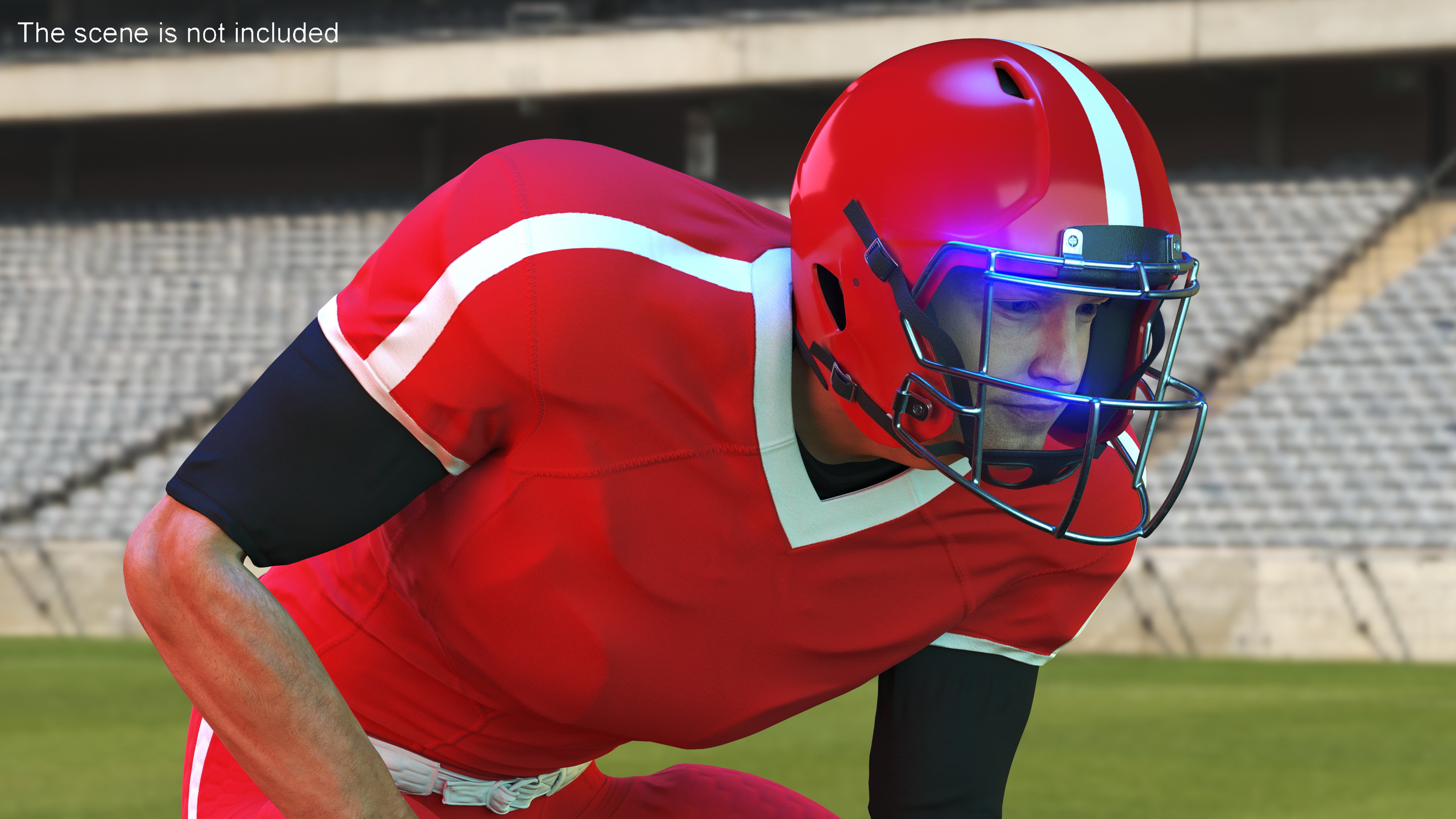 3D Crouching American Football Player Red Uniform