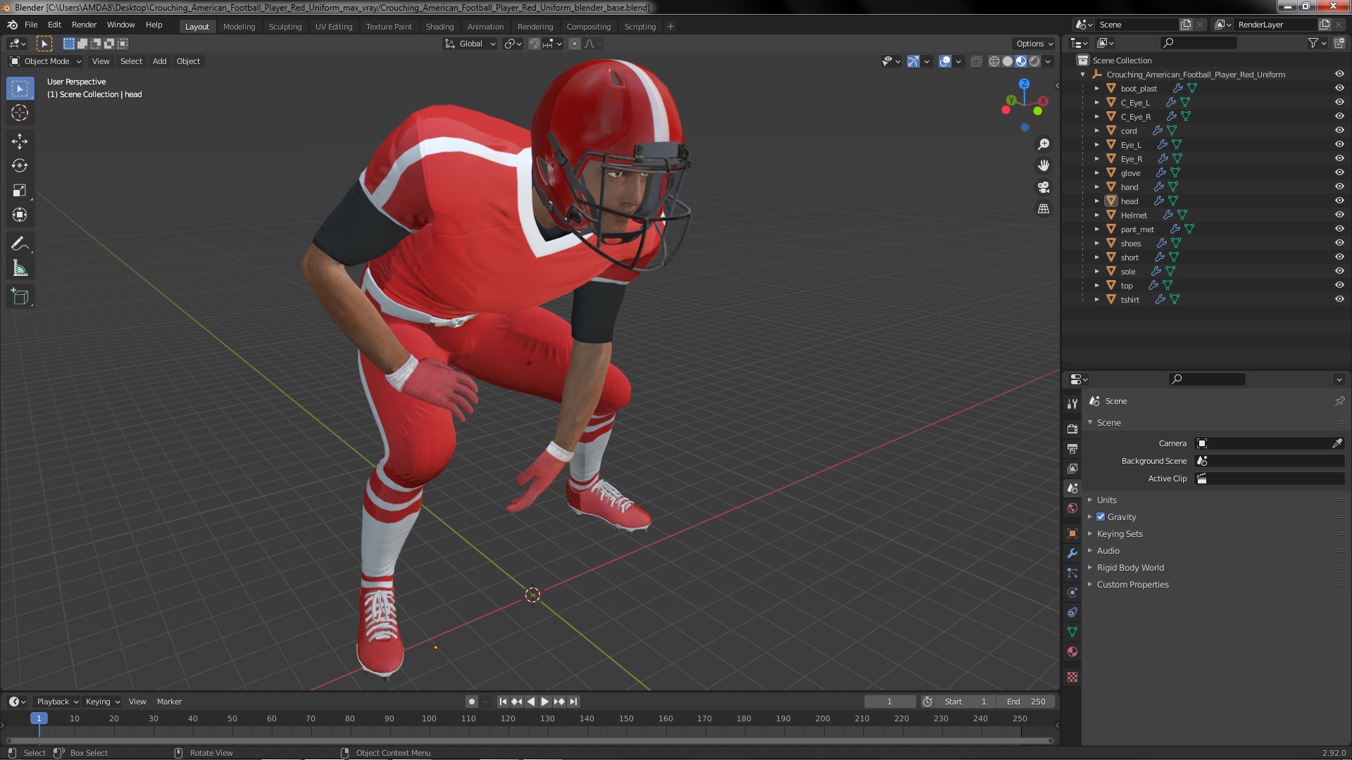 3D Crouching American Football Player Red Uniform